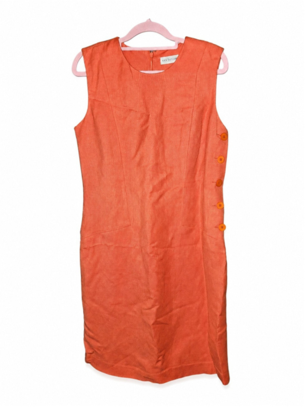 Ann Taylor Size 8 Orange Linen Blend Side Button Sleeveless Sheath Dress